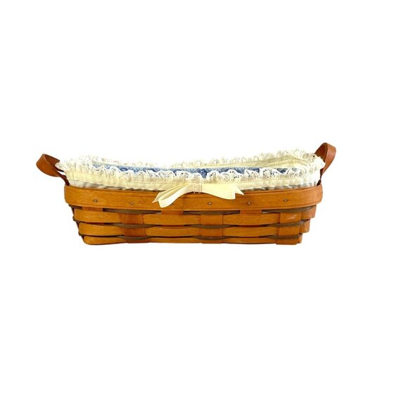 Longaberger Cracker Basket Blue & Cream Liners Plastic Protector Leather Handles - Picture 11 of 12